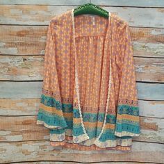 Amazing Nwot Never Worn Pinkblush Brand Boho Goddess Hippie Kimono With Long Bell Bottom Sleeves And Crochet Details! The Kimono Is A Peach Color With White Details On The Top And Aqua And Orange Predominantly Patterned On The Lower Half. It Has An Open Front, Long Bell Sleeves That Go From Tight To Flowy And Rouching Near The Yolk. It's Made Of Soft Polyester A Size Large And Has White Crocheted Rounds Down The Front Seams. Awesome Boho Look! Approximate Measurement: 31" Long, 20" Pit To Pit. Bell Bottom Sleeves, White Details, Peach Color, Boho Look, Crochet Details, Bell Bottom, Bell Bottoms, Front Open, Fashion Ideas