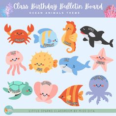 an ocean themed birthday bulletin board with sea animals and other marine creatures in pastel colors