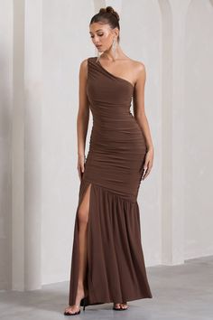 The Limelight Chocolate Asymmetric Ruched Fishtail Maxi Dress – Club L London - USA One Shoulder Maxi Dress With Side Slits For Prom, One Shoulder Stretch Maxi Dress With Side Slits, Stretch One-shoulder Maxi Dress With Side Slits, One Shoulder Ruched Fitted Maxi Dress, One Shoulder Ruched Maxi Dress, One Shoulder Fitted Ruched Maxi Dress, Ruched One-shoulder Fitted Maxi Dress, Fitted Maxi Length One Shoulder Prom Dress, Ruched One-shoulder Floor-length Prom Dress