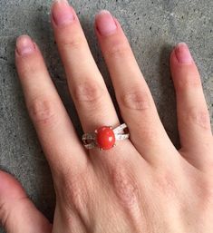 Coral Ring set with a Natural Red coral sourced from Sardinia Italy (8x6mm, 2 Carats) in a rare smooth quality, with CZ Diamonds on double band. Vintage Ring design made of Solid 925 Sterling Silver (no “coating" ☞ only Solid Pure Silver - made to last). March Birthstone - Genuine & Natural Stone ❀ ⌛Last Ring left ⌛ ☞ Choose your size ☞ I resize (before shipping) for FREE to Any size* ❀ Each Natural Gem is unique & will have Slight variations from the product pictures "no two Natural Stones are Coral Stone Ring, Red Coral Ring, Red Gemstone Ring, Orange Ring, Split Shank Ring, Vintage Silver Rings, Sardinia Italy, Coral Pendant, Coral Ring