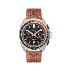 Built on Bulova’s vibrant history in motorsport, the Racer men's chronograph watch is fine-tuned and designed for performance. 42mm sporty curved stainless steel case with two-tone orange and black tachymeter aluminum bezel Textured black dial, luminous silver-tone hands and markers, orange accents, two chrono sub-dials, date display and anti-reflective sapphire crystal Quartz chronograph movement Perforated brown leather racing-style strap; buckle clasp Water-resistant to 100 meters Modern Chronograph Watch With Tachymeter For Sports, Modern Sports Chronograph Watch With Tachymeter, Modern Sports Watch Accessories With Subdials, Modern Chronograph Watch With Subdials For Sports, Modern Chronograph Watch For Sports, Modern Sports Chronograph Watch With Round Dial, Luxury Sports Chronograph Watch With Subdials, Automatic Chronograph Sports Watch With Round Dial, Racing Style Chronograph Watch For Motorsport Events