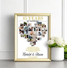 a wedding anniversary photo collage is displayed in front of a vase with white flowers