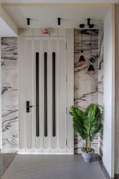 a large white door with black handles and two plants in front of it on the floor