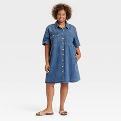 Spruce up your casualwear collection with this Short-Sleeve Mini Shirtdress from Universal Thread™. The short-sleeve shirtdress is made from midweight denim fabric for a breathable fit, while the collared neckline with front button-down closure provides ease of wear. It sports a double-stitched seam, pleated back, front placket and a back yoke for a smart look that's perfect for a variety of occasions. The flap chest pocket completes the design with functional flair. Universal Thread™: Found exc Denim Dress Winter, Maxi Bodycon Dress, Denim Dresses, Winter Dress Outfits, Mini Sundress, Clothing Photography, Mini Skater Dress, Pleated Fabric, Fabric Collars