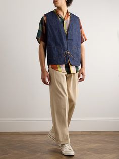 OrSlow's 'Hippie's' gilet is inspired by styles popular in the late '60s. It has a reversible design with blue denim on one side and checked cotton and linen-blend on the other and secures with a tie at the front. The relaxed fit ensures it'll sit comfortably over layers. 60s Men’s Fashion, Linen Clothes Men, Hippie Style Men, Gilet Outfit, Vest Ideas, Denim Gilet, 60s Men, Denim Outfit Men, Hippie Men