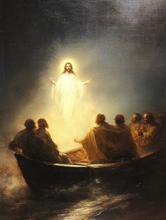 a painting of jesus in a boat with other people