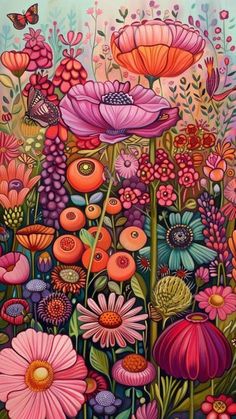 a painting of colorful flowers and butterflies