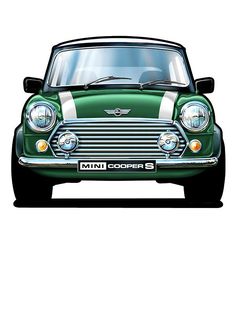 an old green mini cooper car on a white background