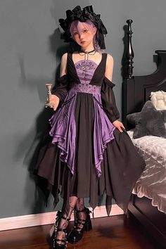 Fabric: Hemp, Chiffon Style types: Gothic Lolita Season: Spring, Summer, Autumn, Winter Include: Dress*1 + Necklace*1 Size (IN) Bust Waist Shoulder Width Length S 31.50-33.86 24.41-26.77 14.37-14.96 40.16 M 33.86-36.22 26.77-29.13 14.96-15.55 42.52 L 36.22-38.58 29.13-31.50 15.55-16.14 44.88 Size (CM) Bust Waist Shoulder Width Length S 80-86 62-68 36.5-38 102 M 86-92 68-74 38-39.5 108 L 92-98 74-80 39.5-41 114 Purple Gothic Dress, Purple Goth Dress, Ripped Dress, Bat Sleeves Dress, Oc Dress, Purple Goth, Style Types, Purple Gothic, Witch Dress