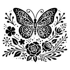 a black and white image of a butterfly with flowers in the center, on a white background