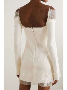 DANIELLE FRANKEL Lucy cold-shoulder lace-trimmed tulle and cady mini dress Avant Garde Wedding Dress, Lace Undershirt, Vegas Wedding Dress, Danielle Frankel, White Lace Dress Short, Short Lace Wedding Dress, Mini Wedding Dresses, Cold Shoulder Lace, Casual Wedding Dress