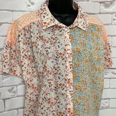 Fun Multi-Pattern Floral Top. Short Sleeve Semi-Sheer. Nwt. Large. 100% Cotton. Made In Indonesia. . B8 Summer Orange Patchwork Tops, Casual Tops With Multicolor Mixed Print, Spring Orange Tops With Colorful Pattern, Casual Beach Tops With Floral Patchwork, Casual Floral Patchwork Tops For Beach, Flannel Blouse, American Eagle Crop Top, American Eagle T Shirts, Sheer Long Sleeve Top