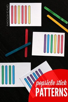 four popsicle stick patterns are shown with colored pencils on them and the text, popsicle stick patterns