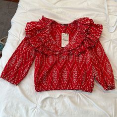 New With Tags Zara Eyelet Top With Double Ruffle V Neck Trim. Size Small Red Cropped Blouse For Spring, Vacation Ruffle Red Blouse, Red Ruffled Blouse For Vacation, Zara Red Blouse For Spring, Red Zara Blouse For Spring, Eyelet Top, Zara Tops, Zara, Womens Tops