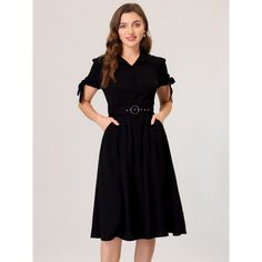 This sleek shirt dress features a turn-down doll neck and perfect normal sleeves. It's cut from soft rayon in a regular fit and strikes the perfect balance between elegant and effortless. Wear it with a belt for a flattering silhouette. This solid shirt dress can be easily worn with shoes for a sophisticated, casual look. Suitable for casual, work, office, date, weekend parties, and everyday wear. Elegant Shirt Dress, Shirt Dress Black, Business Casual Shirts, Peter Pan Collar Dress, Elegant Midi Dresses, Womens Business Casual, Dress Shirt Sleeves, Tiered Midi Dress, Elegant Shirt