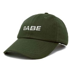 a baseball cap with babe embroidered on the front and back side, in dark green