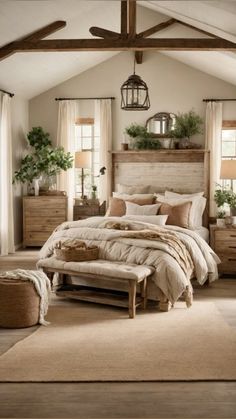 a large bed sitting in a bedroom next to a window filled with potted plants