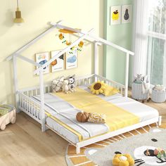 a child's bedroom with yellow and white decor