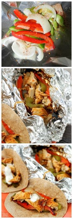 the process of making chicken fajita wraps is shown in three different pictures, including onions and peppers