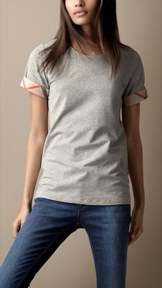 Check Cuff Cotton T-Shirt | Burberry Elegant Cotton T-shirt For Work, Chic Cotton Tops With Cuffed Sleeves, Chic Cotton Tops For Business Casual, Chic Cotton Top With Cuffed Sleeves, Modern Cotton Top For Office, Chic Cotton Tops With Rolled Sleeves, Modern Cotton Office Top, Classic Tops With Rolled Sleeves For Work, Classic Tops With Rolled Sleeves