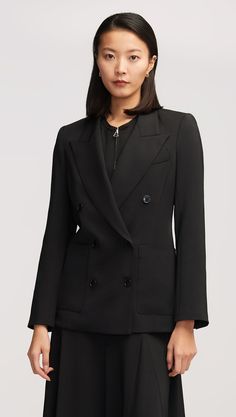 Offering a slightly cinched waist and a fitted hourglass shape, this double breasted blazer is a style statement all on its own. Additional details include large exterior patch pockets, interior pockets, and smart cuff sleeves. Finish the ensemble with a classic tee, midi skirt, and heels. Denim Vests, Stretch Crepe, Double Breasted Blazer, Cinched Waist, Cuff Sleeves, Blazer Dress, Dress Codes, Get Dressed, Double Breasted