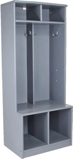 a gray locker with three shelves and two doors