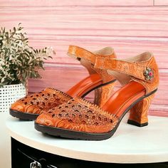 Category:Pumps; Upper Materials:Leather; Lining Materials:100% Leather; Season:Spring,Summer,Fall; Heel Type:Kitten Heel; Gender:Women's; Toe Shape:Round Toe; Style:Vintage,Elegant; Heel Height(inch):1-2; Outsole Materials:Rubber; Occasion:Party,Valentine's Day; Closure Type:Buckle; Pattern:Floral,Cut-out; Listing Date:03/11/2024; 2024 Trends:Mary Jane,Handmade Shoes,Vintage Shoes; Heel Height:Mid Heel Summer Court Shoes With 4-inch Heel And Pointed Toe, Summer Open Toe Court Shoes With 4-inch Heel, Summer Formal Leather Shoes With Round Toe, Summer Party Court Shoes With Round Toe, Brown Leather Shoes With Heel Strap For Spring, Formal Leather Shoes With Almond Toe For Summer, Summer Almond Toe Heels With 4-inch Heel, High Heel Leather Shoes With Heel Strap For Spring, Spring High Heel Leather Shoes