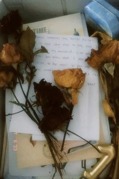 some dead flowers are laying on top of papers and scissors in a box with writing