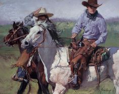 two men riding horses in a grassy field