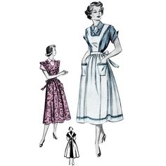 two women's dresses, one with an apron and the other with short sleeves