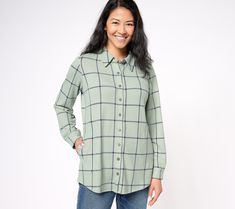 Freshen up your fall wardrobe with this plaid tunic. Wear it solo or layer it over a camisole for a chic everyday look. From Denim & Co.® Fashions. Curved Hem Top, Plaid Tunic, Plaid Design, Distressed Black Jeans, Polo Dress, Fall Wardrobe, Printed Blouse, Vintage Denim, Everyday Look