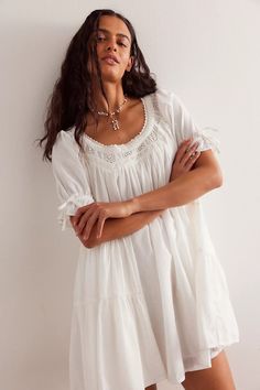 Sandy Shores Babydoll Dress | Free People Boho Babydoll Dress, Doen Dress Street Style, Pressure Oc, Babydoll Dress Outfit, Free People White Dress, Hoop Dress, White Babydoll Dress, Babydoll Dresses, Cute Casual Dresses