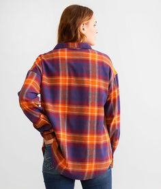 BKE Plaid Boyfriend Shirt - Orange/Blue X-Small, Women's Burgundy Oversized button down shirt Bust measures 44 on size small Body length 26 on size small. Layering piece(s) and/or accessories sold separately.. 100% Cotton. Machine wash cold with like colors. Use only non-chlorine bleach if needed. Tumble dry low. Steam iron low if needed.. Measurements: Bust -Fullest part of bust with arms at sides. Waist -Circumference of natural waist: above belly button below rib cage. Hips -Standing with fee Relaxed Fit Button-up Fall Tops, Relaxed Fit Button-up Top For Fall, Fall Relaxed Fit Button-up Tops, Everyday Shirt With Shirttail Hem For Fall, Shirt With Shirttail Hem For Everyday Fall, Trendy Shirt For Casual Gatherings In Fall, Trendy Shirt For Casual Fall Events, Fall Shirt With Shirttail Hem For Everyday, Everyday Fall Shirt With Shirttail Hem