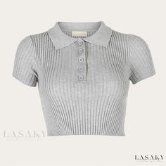 Lasaky - Stylish Knitted Ribbed Button-up Short Sleeve Crop Top with Lapel Neckline and Navel-revealing Design Fitted Knit Top With Buttons, Fitted Knit Tops With Buttons, Summer Pullover, Jumper Short, Cotton Shirts Women, Harajuku Outfits, White Tee Shirts, Jackets Men Fashion, Short Sleeve Cropped Top