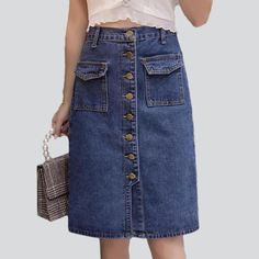 Fashion women's jeans skirt online. Cool denim skirt from the 2022 Spring-Summer collection. Fashionable style clothes help to look modern and attract the attention of others. Blue denim is the most popular denim color, practically suits all other clothes. An unrubbed pattern design provides a more sleek look. The midi-length fit type hem usually falls just below the knees or rises a couple of inches above the ankle. Highrise denim will elongate your legs and make your trunk appear more proporti Long Denim Skirt Outfits, Skirt Outfits For Women, Fashion Dresses For Women, Cool Denim, Denim Skirt Outfits, Long Denim Skirt, Jeans Skirt, Denim Patterns, Denim Color