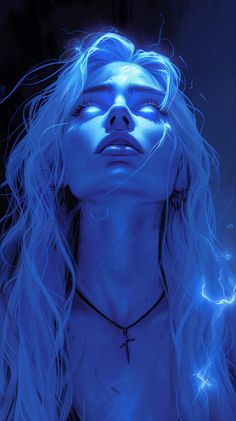 a woman with blonde hair and blue lighting on her face is staring into the distance