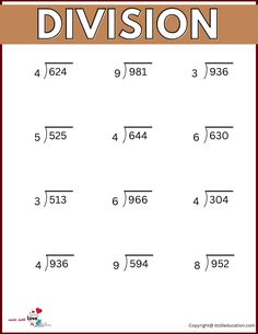 division worksheet with two digit numbers and one digit number on the top right side