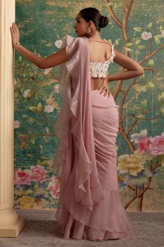 Dusky pink chiffon and organza pre-draped ruffle saree with lace, seqiuns and floral embroidery. Comes with a net padded blouse. - Aza Fashions Saree Chiffon, Pink Sari, Ridhi Mehra, Lace Saree, Ruffle Saree, Padded Blouse, Drape Saree, Embroidered Lehenga, Net Saree