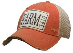 Details Vintage Distressed Trucker Cap "Farm Girl"Color: Orange Distressed Material: Cotton/Polyester blend, Mesh backSize: One size fits most, with an adjustable snapback strap. Unisex cap. Girl Trucker, Cowgirl Look, Distressed Baseball Cap, Women Trucker, Rose Boutique, Hat Ideas, Womens Baseball Cap, Vintage Life, Farm Girl