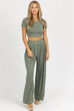 BUTTER SOFT OLIVE PALAZZO PANT SET – L'ABEYE Green Wide Leg Matching Set, Green Wide-leg Sets, Green Wide Leg Two-piece Pants, Chic Green Solid Color Sets, Chic Green Matching Set Bottoms, Chic Green Pants Matching Set, Green Wide Leg Loungewear Sets, Palazzo Pant, Short Sleeve Crop Top