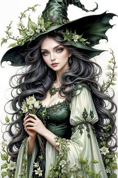 a woman with long black hair wearing a witches hat and holding flowers in her hand