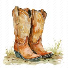 a pair of cowboy boots sitting in the grass