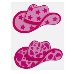 two pink cowboy hats with stars on the top and bottom, one in leopard print