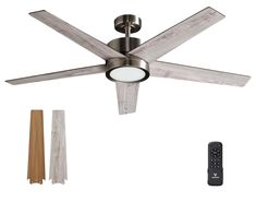 a ceiling fan with three blades and two remotes next to it, on a white background