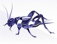 a blue insect sitting on top of a white wall next to a purple and black striped background