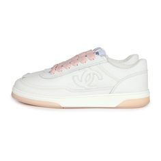 These Chanel CC low top sneakers are in white calfskin leather with CC logo on both sides, with white and light pink rubber soles and light pink shoe laces in size 37.5 EU.Origin: ItalyCondition: New and never wornAccompanied by: Chanel box, two shoe dustbags, extra pair of pink laces and carebookSize: 37.5 EU Pink Leather Platform Sneakers With Vulcanized Sole, Luxury Pink Lace-up Custom Sneakers, Luxury Pink Low-top Sneakers, Luxury White Platform Sneakers With Vulcanized Sole, Pink Sneakers With White Laces For Streetwear, Pink Shoe Laces, Light Pink Shoes, Chanel Sneakers, Chanel Box