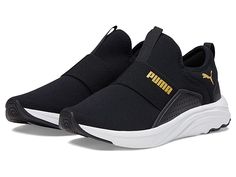 PUMA Softride Sophia Slip-On - Women's Shoes : Puma Black/Puma Team Gold : Run freely wearing the PUMA Softride Sophia Slip-On sneakers. Textile and synthetic upper. Textile lining and insole. Slip-on design. Round toe. Pull tab on lace and heel counter. PUMA logo and perforated detail on upper. Synthetic outsole. Imported. Measurements: Weight: 8 oz Product measurements were taken using size 8.5, width B - Medium. Please note that measurements may vary by size. Weight of footwear is based on a Athleisure Slip-on Sneakers For Running, Functional Slip-on Workout Sneakers, Slip-on Slip-resistant Running Shoes For Sports, Sporty Slip-on Running Shoes For Sports, Sporty Slip-on Workout Running Shoes, Functional Athletic Fit Slip-on Sneakers For Running, Slip-on Athleisure Sports Running Shoes, Slip-on Athleisure Running Shoes For Light Sports, Slip-on Athleisure Running Shoes For Training