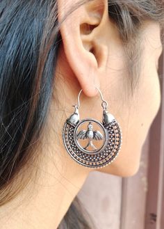 Big Mandala hoop earring, Bird Earring, Big hoop Earring, Round Earring, Indian Jewelry, Mandala hoop earrings, Gift for her, Brass Earrings Metal:- Brass Handmade jewelry ❥ Customer satisfaction is our biggest priority, please contact us with any questions/queries for future or existing orders, and we will do our best to make sure you are happy with your order. ❥Please make sure to add the correct address during check out. You can return your purchased item within 15 days after successful deliv Oxidized Finish Chandbali Hoop Earrings, Oxidized Finish Hoop Earrings As Gift, Oxidized Round Hoop Earrings As Gift, Gift Hoop Earrings With Oxidized Finish, Chandbali Hoop Earrings With Oxidized Finish For Gift, Oxidized Finish Hoop Earrings For Gifts, Gift Oxidized Finish Small Hoop Earrings, Silver Chandbali Hoop Earrings For Pierced Ears, Bird Earring