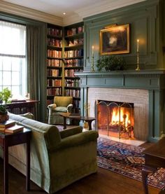 a living room filled with furniture and a fire place in front of a bookshelf