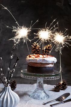 a cake with frosting and pine cones on top